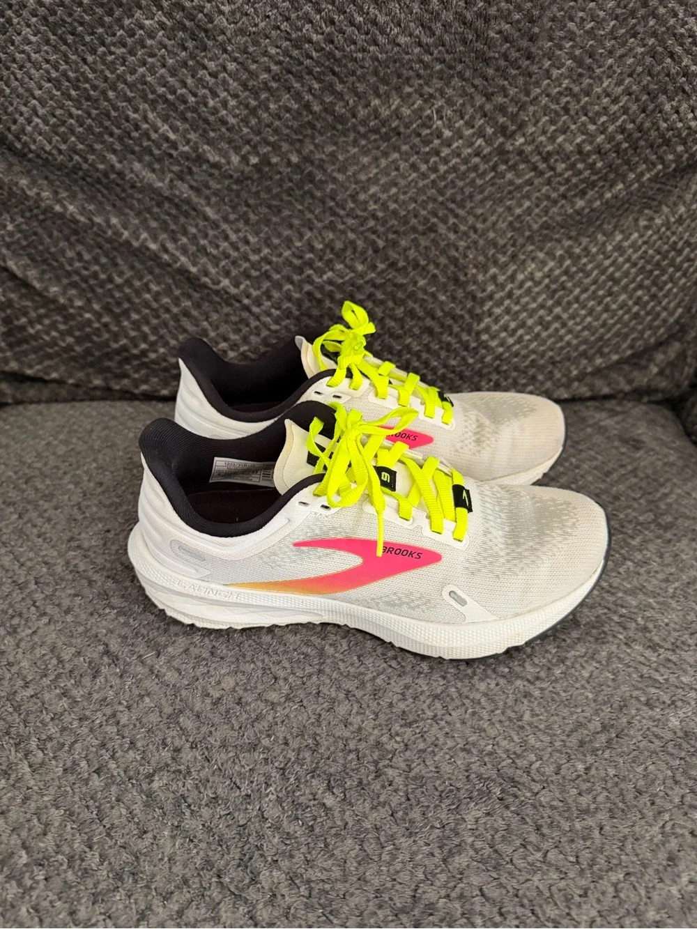 Brooks Women’s White Running Shoes with Neon Yellow Laces and Pink Accent